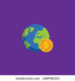 earth and dollar coin.Conceptual vector illustration in flat style design.Isolated on background.