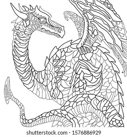 Earth dragon. Graphic, black and white sketch of a dragon symbolizing the elements of the earth on a white background.