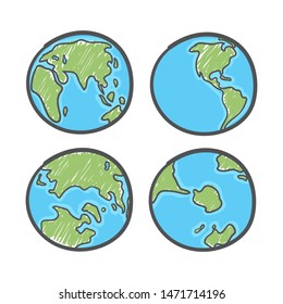 Earth drawing on white background. World map or globe in doodles style. Global drawing Earth day.