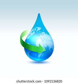 Earth drop with green arrow. Recycle water concept, vector illustration