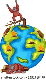 Earth and dying monkey from deforestation illustration