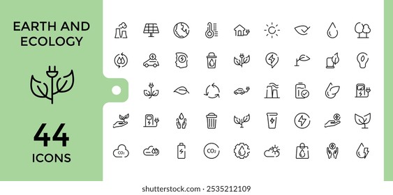 Earth and ecology line web icon set. Contains related to sustainability, eco-friendly, recycling, wind power, and more. Thin linear style icons pack. Vector illustration.