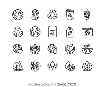 Earth and Ecology Vector Icon Set | Adjustable Line Weight | Recycle, planet, tree, nature, leaf, green, globe, care, eco, sustainability, trash, water, energy icons