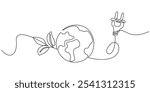 Earth with electric plug in continuous one line drawing. Eco-friendly energy concept representing worldwide green technology.