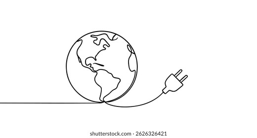 Earth with electric plug in continuous one line drawing. Eco-friendly energy concept representing worldwide green technology.