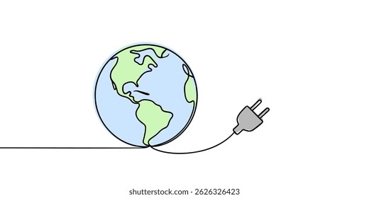 Earth with electric plug in continuous one line drawing. Eco-friendly energy concept representing worldwide green technology.
