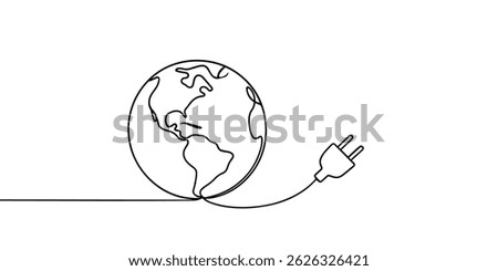 Earth with electric plug in continuous one line drawing. Eco-friendly energy concept representing worldwide green technology.