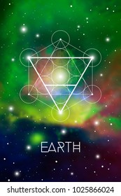 Earth element symbol inside Metatron Cube and Flower of Life in front of outer space cosmic background. Sacred geometry magic sign futuristic vector design.