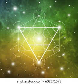 Earth element symbol inside Metatron Cube and Flower of Life in front of space background. Sacred geometry futuristic vector design.