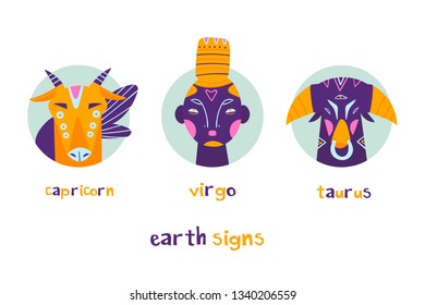The Earth element. Zodiac signs. Hand drawn trendy illustration. Flat design. Colored vector set. All elements are isolated