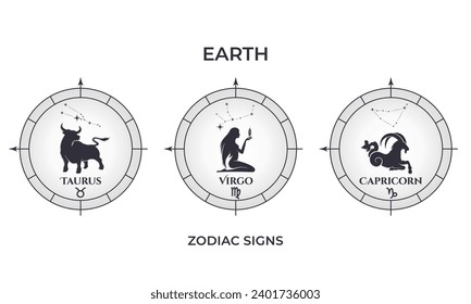 earth element zodiac signs. taurus, virgo and capricorn. astrology and horoscope symbol