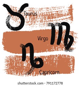 Earth element zodiac signs. Taurus. Virgo. Capricorn. Calligraphic zodiac signs.