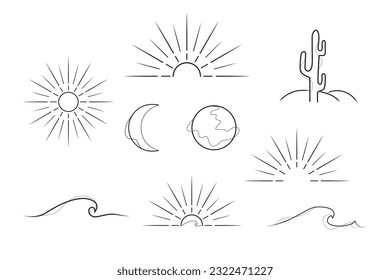 earth elements sun globe hills cactus sea line art design elements illustration, line art elements vector design