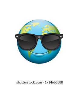 Earth emoji - happy emoticon wearing sunglasses - isolated vector illustration