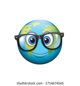 Earth emoji - happy emoticon wearing eyeglasses - isolated vector illustration