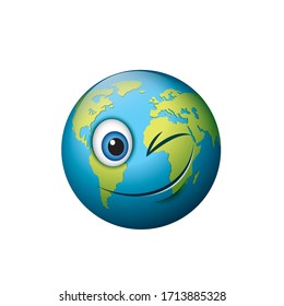 Earth emoji - happy winking emoticon - isolated vector illustration