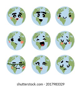 Earth emotions. Cartoon planet with funny faces. Happy or sad expressions. Environment comic smiling signs. Various ecological emoticons set. Vector laughing and surprised cute emoji