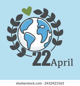 Earth encircled by a laurel wreath, vector illustration, blue background, for Earth Day, representing honor and commitment to eco-preservation