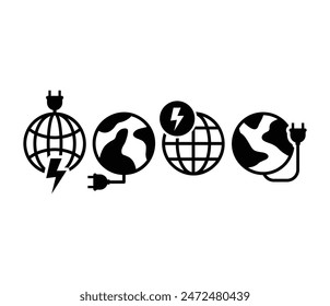 earth energy plug icons symbol vector design black white flat illustration collections sets