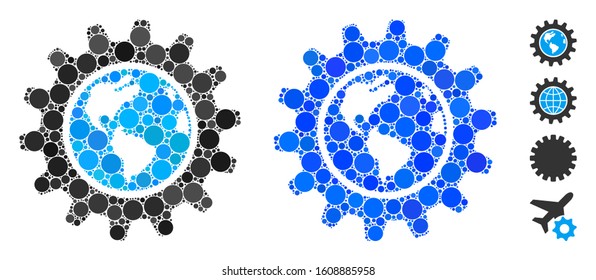 Earth engineering mosaic of filled circles in various sizes and color tinges, based on Earth engineering icon. Vector filled circles are grouped into blue collage.