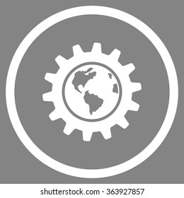 Earth Engineering vector icon. Style is flat circled symbol, white color, rounded angles, gray background.