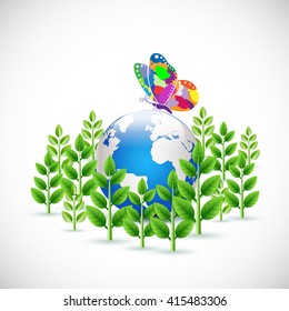 Earth envelop by green plants symbol and butterfly, Ecology concept isolated on white background. Vector illustration
