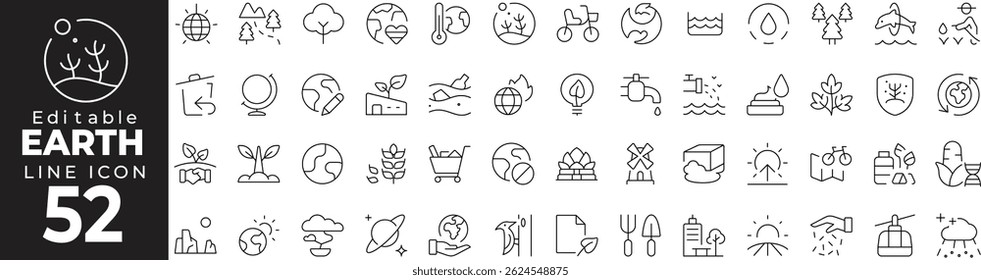 ícone Ambiente da Terra definido com traçado editável. Coleção de ícones de linha fina de planeta e ambiente. Ilustração vetorial