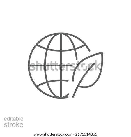 Earth and environment icon. Simple outline style. Impact, environmental, globe, sustainable, leaf, world, planet, green, ecology concept. Thin line symbol. Vector isolated design. Editable stroke