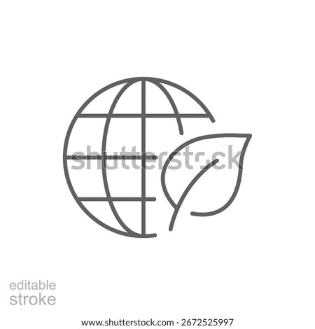 Earth and environment icon. Simple outline style. Impact, environmental, globe, sustainable, leaf, world, planet, green, ecology concept. Thin line symbol. Vector isolated design. Editable stroke