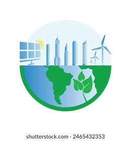 Earth Environment. top of the half earth, a sun with solar panel, buildings and air turbine. green leaves side of earth.