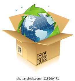 Earth with Environmental Arrows, City Skyline, Tree and Birds in Cardboard Box, icon isolated on white background, vector illustration