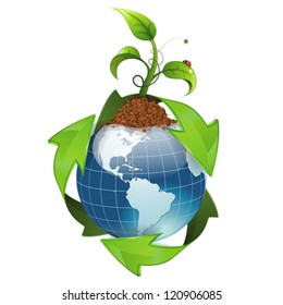 Earth with Environmental Arrows and Green Sprout, isolated on white icon, vector illustration