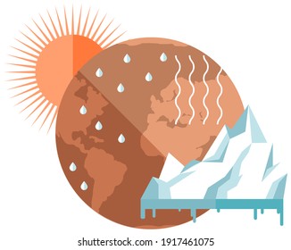 Earth environmental problem poster concept. Dried, hot, sweaty and red planet globe under scorching rays of sun. Melting glaciers and evaporation of water from surface of Earth due to global warming