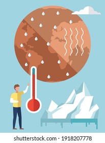 Earth environmental problem poster concept. Dried, hot and red planet globe. Melting glaciers due to global warming. Man points to thermometer measuring temperature of air and water on planet