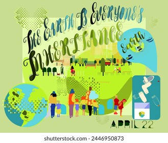 The Earth is everyone's inheritance.Celebrating Earth Day.Vector ecology concept.Happy Earth Day greeting card with children