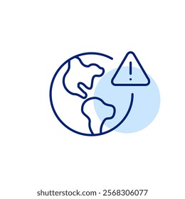 Earth, exclamation mark in triangle. Global risks. Worldwide problems and warning alerts. Pixel perfect, editable stroke icon