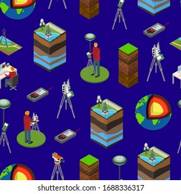 Earth Exploration Concept Seamless Pattern Background 3d Isometric View Include of Research Instrument, Exploration Ground, Geology Device and Tripod. Vector illustration of Icons