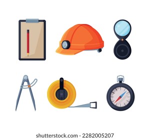 Earth Exploration and Geological Tools with Hard Hat, Compass, Measurement Tape, Clipboard and Compasses Vector Set