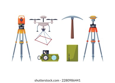 Earth Exploration and Geological Tools with Measurement Device on Tripod, Pickaxe, Drone and Compass Vector Set