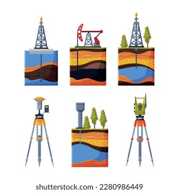 Earth Exploration and Geological Tools with Measurement Device and Soil Surface Layer Vector Set