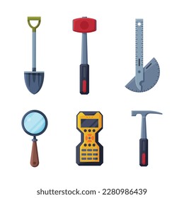 Earth Exploration and Geological Tools with Shovel, Hammer, Ruler, Magnifying Glass and Radio Transmitter Vector Set