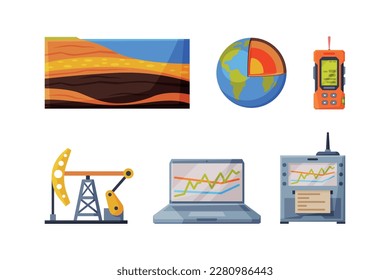 Earth Exploration and Geological Tools with Soil Surface Layer, Globe, Radio, Derrick and Laptop with Chart Vector Set