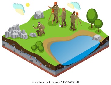 Earth exploration isometric composition with prospecting work on terrain with pond and rock formations vector illustration