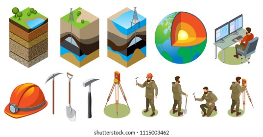 Earth exploration isometric icons, structure of globe, soil layers, scientific laboratory, geological tools, isolated vector illustration 