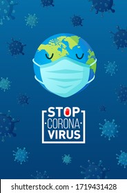 Earth in face mask and COVID-19 coronavirus text. Vector background for healthcare medical 2020 pandemic design.