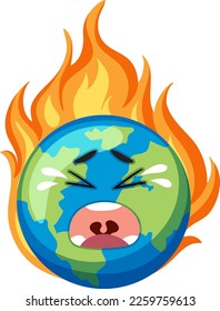 Earth with facial expression on fire from global warming illustration