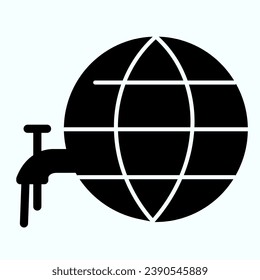 Earth and faucet solid icon. Planet with water tap vector illustration isolated on white. Save water glyph style design, designed for web and app. Eps 10