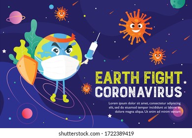 Earth Fight Coronavirus Banner/ Illustration of the Planet wear face mask and use vaccine to protect and stop surrounding Covid 19 nCoV disease concept. Galaxy vector background