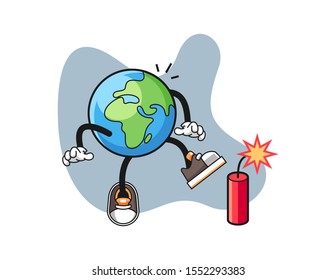 Earth with firecrackers cartoon. Mascot Character vector.