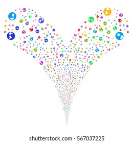 Earth fireworks stream. Vector illustration style is flat bright multicolored iconic symbols on a white background. Object double fountain constructed from random symbols.